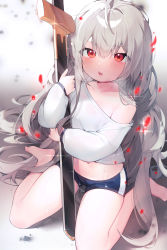 Rule 34 | 1girl, absurdres, ahoge, bare shoulders, barefoot, black shorts, collarbone, commission, crop top, frown, grey hair, highres, holding, holding sword, holding weapon, long hair, long sleeves, looking at viewer, micro shorts, midriff, navel, hugging object, off shoulder, open mouth, original, red eyes, sen light, shirt, shorts, sitting, solo, sword, thighs, v-shaped eyebrows, very long hair, wariza, weapon, white shirt