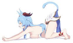 Rule 34 | 1girl, absurdres, all fours, animal ear fluff, animal ears, ankle bell, barefoot, blue hair, breast rest, breasts, cat ears, cat tail, closed eyes, commentary request, full body, ganyu (genshin impact), genshin impact, goat horns, highres, horns, kemonomimi mode, large breasts, long hair, noa (nagareboshi), open mouth, sideboob, simple background, solo, tail, tail raised, topless, vision (genshin impact), white background