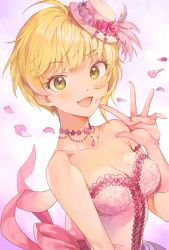 Rule 34 | 1girl, asymmetrical hair, back bow, bare shoulders, blonde hair, blush, bow, breasts, cleavage, collarbone, commentary, dress, eyelashes, flower, frilled dress, frills, gloves, green eyes, hat, hat feather, hat flower, idolmaster, idolmaster cinderella girls, idolmaster cinderella girls starlight stage, inzup, jewelry, korean commentary, looking at viewer, medium breasts, mini hat, miyamoto frederica, necklace, open mouth, petals, pink dress, pink gloves, short hair, smile, solo, spread fingers, strapless, strapless dress, upper body