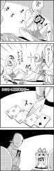 Rule 34 | 4koma, bow, card, comic, commentary request, emphasis lines, flower, greyscale, hair between eyes, hair bow, hat, hat ribbon, highres, holding, holding card, kneeling, long hair, looking at another, mob cap, monochrome, multiple hair bows, playing card, ribbon, rose, sidelocks, sin sack, sitting, smile, sparkle, tani takeshi, throwing, touhou, translation request, uno (game), yakumo yukari, you&#039;re doing it wrong, yukkuri shiteitte ne