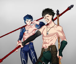 Rule 34 | 2boys, black hair, blue hair, collarbone, cu chulainn (fate), cu chulainn (fate/stay night), cu chulainn (second ascension) (fate), detached sleeves, diarmuid ua duibhne (lancer) (fate), fate/stay night, fate/zero, fate (series), grey background, highres, holding, holding weapon, igote, jewelry, looking at viewer, male focus, multiple boys, necklace, official alternate costume, one eye closed, red eyes, short hair, single bare shoulder, topless male, weapon, ycco (estrella), yellow eyes