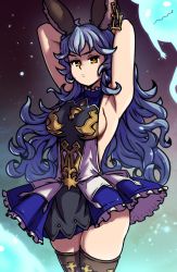 Rule 34 | 1girl, :&lt;, akairiot, animal ears, armor, armored dress, armpits, arms up, backless outfit, beppo (granblue fantasy), blue hair, breasts, brown thighhighs, dress, earrings, erune, ferry (granblue fantasy), frilled dress, frills, granblue fantasy, halter dress, halterneck, highres, jewelry, long hair, looking at viewer, medium breasts, nicola (granblue fantasy), no bra, orange eyes, rabbit ears, sideboob, sideless outfit, single earring, solo focus, thighhighs, thighs, wavy hair, zettai ryouiki