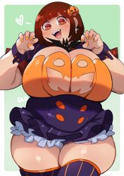 Rule 34 | 1girl, areola slip, breasts, brown eyes, brown hair, ear piercing, halloween costume, highres, huge breasts, lightsource, piercing, plump, purin (lightsource), solo, thick eyebrows, thick thighs, thighhighs, thighs