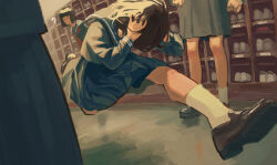 Rule 34 | 4girls, ?, black hair, blue sailor collar, blue serafuku, blue skirt, bob cut, brown hair, commentary, covered face, english commentary, facing down, feet up, floating hair, full body, hands on own head, hands up, loafers, long sleeves, looking at another, midair, multiple girls, no mouth, original, others (gogo-o), pleated skirt, running, sailor collar, school uniform, serafuku, shelf, getabako, shoes, short hair, skirt, socks, solo focus, standing, white socks