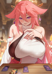 Rule 34 | 1girl, absurdres, animal ears, bare shoulders, blurry, blurry background, blush, breasts, card game, collarbone, covered erect nipples, detached sleeves, dice, earrings, fingernails, floppy ears, fox ears, fox girl, gem, genshin impact, gold earrings, hair between eyes, hair ornament, halo, heavy breathing, highres, huge breasts, inazuma, jewelry, lifting own clothes, lips, long bangs, long hair, long sleeves, looking at viewer, maskwolf, nail polish, open mouth, pink hair, purple eyes, purple gemstone, raised eyebrows, red nails, seductive smile, smile, solo, table, teeth, turtleneck, vision (genshin impact), white sleeves, yae miko