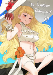 Rule 34 | 1girl, alcohol, alternate breast size, alternate costume, armpits, bikini, blonde hair, breasts, commission, cup, drinking glass, earrings, eitri (fire emblem), fire emblem, fire emblem heroes, flower, hat, highres, jewelry, large breasts, long hair, looking at viewer, navel, nintendo, oyatsu 0, red eyes, sitting, skeb commission, smile, solo, swimsuit, twintails, wavy hair, white bikini, wine, wine glass