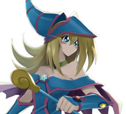 Rule 34 | 1girl, bad id, bad pixiv id, bare shoulders, blonde hair, blush stickers, breasts, choker, cleavage, dark magician girl, duel monster, female focus, green eyes, hat, long hair, love (pspdspsp), magical girl, pentacle, solo, staff, star (symbol), wand, wizard hat, yu-gi-oh!, yuu-gi-ou, yu-gi-oh! duel monsters