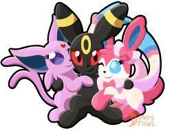 Rule 34 | 1boy, 2girls, black eyes, blue eyes, bow, colored sclera, creatures (company), doveydraws, espeon, forehead jewel, forked tail, game freak, gen 2 pokemon, gen 6 pokemon, looking at viewer, multiple girls, nintendo, no humans, pink hair, pokemon, pokemon (creature), purple eyes, purple hair, red sclera, ribbon, sidelocks, signature, smile, sylveon, tail, umbreon