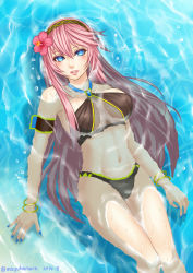 Rule 34 | 1girl, bikini, blue eyes, blush, bracelet, breasts, cleavage, flower, hair flower, hair ornament, hairband, hamura mayu, hibiscus, jewelry, large breasts, lips, long hair, lots of jewelry, megurine luka, nail polish, navel, partially submerged, pink hair, solo, swimsuit, vocaloid, water, wet