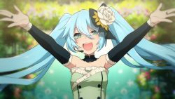 Rule 34 | 1girl, alternate costume, aqua dress, aqua eyes, aqua hair, arch, arms up, bare shoulders, blurry, blurry background, bow, buttons, commentary, depth of field, detached collar, detached sleeves, double-breasted, dress, floral arch, flower, flower arch, frilled dress, frilled sleeves, frills, hair bow, hair flower, hair ornament, hatsune miku, headset, jewelry, long hair, looking at viewer, matsuda toki, microphone, outstretched arms, ring, sleeveless, sleeveless dress, smile, solo, star (symbol), strapless, strapless dress, tube dress, twintails, upper body, very long hair, vocaloid