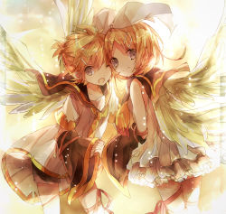 Rule 34 | 1boy, 1girl, ;o, angel wings, blonde hair, blue eyes, brother and sister, detached sleeves, gradient background, hair ornament, hairband, hairclip, highres, inaresi, interlocked fingers, kagamine len, kagamine rin, looking at viewer, necktie, one eye closed, sailor collar, siblings, skirt, smile, twins, vocaloid, wide sleeves, wings