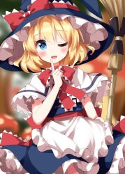 Rule 34 | 1girl, ;d, alice margatroid, bamboo broom, blonde hair, blue dress, blue eyes, blush, broom, commentary request, cosplay, dress, hand up, hat, highres, holding, holding broom, index finger raised, kirisame marisa, kirisame marisa (cosplay), looking at viewer, one-hour drawing challenge, one eye closed, open mouth, ruu (tksymkw), smile, solo, straight-on, touhou, witch hat