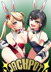 Rule 34 | 2girls, animal ears, black hair, blonde hair, blue eyes, blush, breast press, breasts, character request, cowboy shot, detached collar, english text, fake animal ears, fake tail, gloves, gradient background, green eyes, halftone, highres, leotard, long hair, medium breasts, multiple girls, open mouth, original, playboy bunny, rabbit ears, rabbit tail, saltnvalk, second-party source, sharp teeth, short hair, smile, tail, teeth, twintails, uhi (nia)