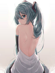 Rule 34 | 1girl, akira (been0328), back, back focus, bad id, bad pixiv id, bare back, bare shoulders, black skirt, black sleeves, blush, closed mouth, commentary request, detached sleeves, green eyes, green hair, hair between eyes, hair ornament, hatsune miku, long hair, long sleeves, looking at viewer, looking back, pleated skirt, shirt, skirt, solo, twintails, very long hair, vocaloid, white shirt