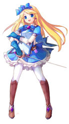 Rule 34 | 1girl, alice (alice in wonderland), alice in wonderland, bad id, bad pixiv id, blonde hair, blue eyes, boots, bottle, bow, earrings, full body, gloves, hair bow, jewelry, jin young-in, knee boots, knight, long hair, pantyhose, potion, simple background, skirt, solo, standing, sword, weapon, white pantyhose