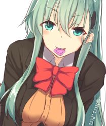 Rule 34 | 1girl, bad id, bad pixiv id, black jacket, blazer, bow, bowtie, brown cardigan, cardigan, condom, condom in mouth, green eyes, green hair, hair between eyes, hair ornament, hairclip, hcci pcci, jacket, kantai collection, leaning forward, long hair, looking at viewer, mouth hold, open clothes, open jacket, red bow, school uniform, shirt, sidelocks, solo, suzuya (kancolle), upper body, very long hair, white background, white shirt