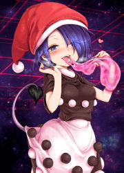 Rule 34 | 1girl, blue eyes, blue hair, blush, breasts, breath, commentary request, cow tail, doremy sweet, dream soul, dress, eating, eyes visible through hair, hair over one eye, half-closed eyes, harusame (unmei no ikasumi), hat, heart, looking at viewer, matching hair/eyes, medium breasts, nightcap, pom pom (clothes), red hat, saliva, short sleeves, sky, smile, solo, star (sky), starry sky, tail, teeth, touhou