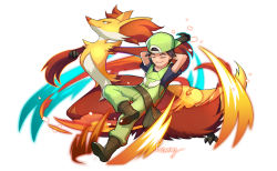 Rule 34 | 1boy, animal ear fluff, arms behind head, arms up, artist name, boots, brown hair, commentary request, creatures (company), delphox, game freak, gen 6 pokemon, green headwear, male focus, nintendo, overalls, pants, partial commentary, pokemon, pokemon (creature), pokemon breeder (pokemon), pokemon xy, pouch, red eyes, relaxing, short sleeves, summy, white background