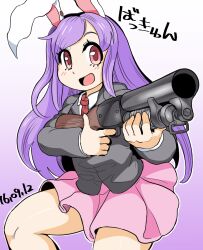 Rule 34 | 1girl, animal ears, black jacket, blazer, blush, china lake grenade launcher, collared shirt, commentary request, cookie (touhou), dated, feet out of frame, gradient background, grenade launcher, gun, hisui (cookie), holding, holding gun, holding weapon, jacket, long hair, looking at viewer, medium bangs, necktie, open mouth, pink skirt, prototype design, pump-action grenade launcher, purple background, purple hair, rabbit ears, rabbit girl, red eyes, red necktie, reisen udongein inaba, shirt, skirt, smile, solo, swept bangs, tetugakuzonbi, touhou, translation request, very long hair, weapon, white background, white shirt