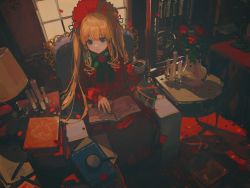 Rule 34 | 1girl, absurdres, blonde hair, blue eyes, blush, book on lap, bow, bowtie, ciloranko, closed mouth, dress, flower, flower pot, full body, green bow, green bowtie, hair ribbon, hairband, highres, indoors, lolita hairband, long dress, long hair, long sleeves, red dress, red flower, ribbon, rozen maiden, shinku, sitting, solo, twintails, very long hair