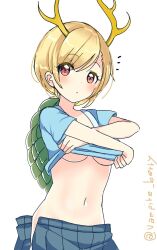 Rule 34 | 1girl, antlers, belly, blonde hair, blue shirt, crossed arms, dragon girl, dragon horns, highres, horns, kicchou yachie, looking at viewer, notice lines, ougi hina, red eyes, shirt, short hair, short sleeves, solo, square neckline, touhou, turtle shell, twitter username, undressing, white background, yellow horns