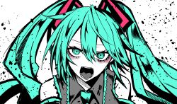 Rule 34 | 1girl, fangs, green eyes, green hair, hatsune miku, highres, itoshiki eru, looking at viewer, simple background, sketch, thick outlines, twintails, vocaloid, white background