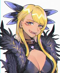 Rule 34 | 1girl, black dress, blonde hair, breasts, brown eyes, cleavage, cleavage cutout, clothing cutout, dark-skinned female, dark skin, dragon girl, dragon horns, dress, facial mark, fate/grand order, fate (series), highres, horns, jewelry, large breasts, licking lips, long hair, long sleeves, looking at viewer, neck ring, open mouth, rata (m40929), sharp teeth, smile, solo, swept bangs, teeth, tongue, tongue out, vritra (fate)