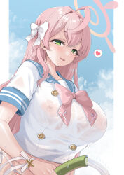Rule 34 | 1girl, absurdres, ahoge, artist name, blue archive, blue sailor collar, blush, braid, breasts, covered erect nipples, green eyes, halo, hanako (blue archive), heart, highres, holding, hose, kumao mofumofu, large breasts, long hair, open mouth, pink hair, pink halo, sailor collar, school uniform, serafuku, short sleeves, signature, single braid, smile, solo, spoken heart, water, wet, wet clothes