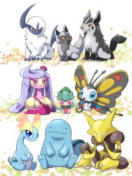 Rule 34 | absol, alakazam, alternate color, amaura, beautifly, blue eyes, blue skin, bright pupils, bug, butterfly, claws, closed mouth, colored sclera, colored skin, commentary request, creatures (company), crystal, fomantis, forehead jewel, game freak, gen 1 pokemon, gen 2 pokemon, gen 3 pokemon, gen 6 pokemon, gen 7 pokemon, grey fur, highres, holding, holding spoon, horns, insect, mightyena, nintendo, no humans, pokemon, pokemon (creature), poochyena, purple hair, quagsire, red eyes, saki pokeoekaki, seiza, sharp teeth, shiny pokemon, single horn, sitting, smile, snout, solid circle eyes, spoon, tail, teeth, tsareena, white background, white fur, white pupils, yellow sclera