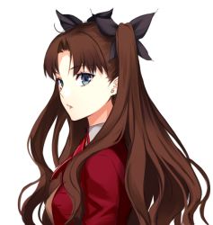 Rule 34 | 1girl, black bow, blue eyes, bow, brown hair, chimachi, fate/stay night, fate (series), hair bow, jacket, long hair, looking at viewer, looking back, neck ribbon, parted lips, red jacket, red ribbon, ribbon, simple background, solo, tohsaka rin, twintails, upper body, very long hair, white background