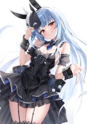Rule 34 | 1girl, :q, animal ears, black dress, blue hair, blush, breasts, closed mouth, detached sleeves, dress, fake animal ears, floating hair, garter straps, highres, holding, holding mask, hololive, long hair, looking at viewer, mask, puffy short sleeves, puffy sleeves, rabbit ears, rabbit mask, red eyes, shirakawa4869, short sleeves, simple background, sleeves past wrists, small breasts, solo, tongue, tongue out, usada pekora, usada pekora (furi furi bunny dress), v, very long hair, virtual youtuber, white background