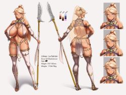 Rule 34 | 1girl, absurdres, arabian clothes, armlet, ass, asymmetrical legwear, back, backboob, backless outfit, bare back, bare shoulders, blonde hair, breast curtains, breasts, bridal gauntlets, brooch, character name, character profile, character sheet, circlet, closed mouth, color guide, dark-skinned female, dark skin, earrings, elbow gloves, elf, expressionless, expressions, from behind, full body, glaive (polearm), glaring, gloves, grey background, hand on own hip, high ponytail, highleg, highres, huge breasts, jewelry, lilinea la-sahran, long hair, looking at viewer, looking away, mole, mole on breast, mole under eye, multiple views, navel, navel piercing, necklace, no bra, no panties, original, pelvic curtain, piercing, pointy ears, polearm, ponytail, portrait, purple eyes, revealing clothes, sandals, see-through, simple background, single elbow glove, skindentation, spear, standby, standing, thick thighs, thighhighs, thighlet, thighs, toe ring, toeless footwear, toeless legwear, toenails, toes, translucent, turnaround, uneven legwear, weapon, wide hips