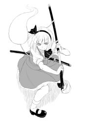 Rule 34 | 1girl, bob cut, bow, bowtie, closed mouth, full body, greyscale, hair bow, holding, holding sword, holding weapon, konpaku youmu, konpaku youmu (ghost), mary janes, monochrome, nathaniel pennel, scabbard, serious, sheath, sheathed, shoes, short hair, short sleeves, simple background, skirt, skirt set, socks, solo, standing, sword, touhou, two-handed, unsheathing, weapon, white background