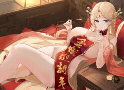 1girl absurdres azur_lane blonde_hair blue_eyes breasts brest_(azur_lane) brest_(moonlit_night&#039;s_spring_vista)_(azur_lane) closed_mouth collarbone gold hair_ornament highres holding holding_paintbrush huge_breasts indoors jewelry long_hair looking_at_viewer lying paintbrush parted_bangs pointy_ears red_sarong sarong smile solo suo_bu_ye_feng thighs very_long_hair