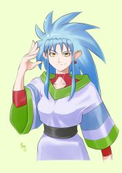 Rule 34 | 1girl, blue hair, earrings, green background, jewelry, long hair, looking at viewer, ryouko (tenchi muyou!), simple background, smile, solo, spiked hair, takahashi-eboshi, tenchi muyou!, yellow eyes