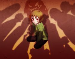 Rule 34 | androgynous, bags under eyes, blood, brown hair, chara (undertale), different shadow, full body, gender request, green shirt, injury, long sleeves, looking at viewer, pov, red eyes, shade, shirt, silhouette, silhouette demon, solo, spoilers, tenperu tapio, undertale