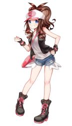 Rule 34 | 1girl, absurdres, baseball cap, black footwear, black vest, blue eyes, boots, breasts, brown hair, commentary, creatures (company), curly hair, denim, denim shorts, full body, game freak, grin, hand on own hip, hat, high ponytail, highres, hilda (pokemon), knee boots, long hair, looking at viewer, nintendo, pink bag, pokemon, pokemon bw, ponytail, shirt, short shorts, shorts, sidelocks, sleeveless, sleeveless shirt, small breasts, smile, snowsakurachan, solo, standing, torn clothes, torn shorts, vest, white shirt