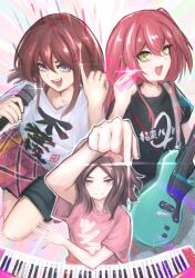 3girls black_shirt black_shorts blue_eyes bocchi_the_rock! brown_hair closed_mouth crossover ebizuka_tomo electric_guitar finger_heart girls_band_cry green_eyes grey_hair guitar hair_between_eyes hair_ornament hairclip half-skirt highres holding holding_microphone instrument iseri_nina kessoku_band_t-shirt keyboard_(instrument) kita_ikuyo light_particles long_hair microphone multiple_girls music one_side_up open_mouth pink_shirt pinky_out plaid_clothes plaid_skirt playing_instrument red_hair red_skirt shikai_no_sumi_kuchiru_oto shirt short_hair short_sleeves shorts shorts_under_skirt skirt sparkle teeth tomare_(akashingou) white_shirt x_hair_ornament