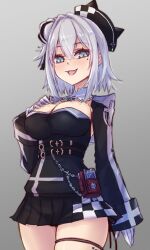 Rule 34 | 1girl, azur lane, belt pouch, black hat, black skirt, blue eyes, blush, breasts, cleavage, commentary request, cowboy shot, cross, crossed bangs, gloves, gradient background, grey background, hair between eyes, hair bun, hand on own chest, hand up, hat, highres, iron cross, jade (azur lane), leg tattoo, long sleeves, looking at viewer, medium breasts, medium hair, miniskirt, mole, mole under eye, open mouth, pleated skirt, pouch, red bag, simple background, single hair bun, sketch, skindentation, skirt, smile, solo, tattoo, thigh strap, tilted headwear, waa! okami, white gloves, white hair