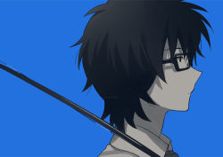 Rule 34 | 1boy, asada hachi, blue background, blue theme, closed mouth, collared shirt, commentary request, expressionless, fishing rod, from side, glasses, male focus, monochrome, profile, rectangular eyewear, school uniform, shirt, short hair, solo, tsuritama, twitter username, usami natsuki, watermark