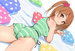 Rule 34 | 1girl, ass, back, bare shoulders, blush, breasts, brown eyes, brown hair, cowboy shot, cushion, female focus, from behind, furuyama itaru, hair ornament, long hair, looking at viewer, looking back, lying, matching hair/eyes, medium breasts, on stomach, original, polka dot, scrunchie, side ponytail, sleeveless, solo, spread legs, striped, thighs, v