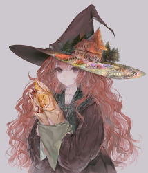 Rule 34 | 1girl, bread, commentary request, dress, fence, food, fruit, grey background, grey eyes, hat, highres, holding, holding food, house, long hair, long sleeves, looking at viewer, orange (fruit), orange slice, original, red hair, simple background, solo, tree, upper body, very long hair, witch, witch hat, yoggi (stretchmen)