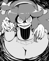 Rule 34 | 1girl, :d, @ @, ahoge, bad id, bad twitter id, breasts, creatures (company), dress, from above, game freak, greyscale, hair between eyes, hairband, hands up, hex maniac (pokemon), highres, inarou (rakugakiproject), long hair, long sleeves, looking at viewer, medium breasts, monochrome, nail polish, nintendo, npc trainer, open hands, open mouth, pokemon, pokemon xy, print dress, shaded face, smile, solo, spider web print