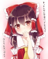 Rule 34 | 1girl, ascot, bad id, bad twitter id, black hair, blush, bow, brown eyes, covering own mouth, detached sleeves, frilled shirt collar, frills, hair bow, hair tubes, hakurei reimu, haruki (colorful macaron), long hair, looking at viewer, nontraditional miko, red bow, red shirt, ribbon-trimmed sleeves, ribbon trim, shirt, sleeveless, sleeveless shirt, solo, touhou, translation request, upper body, wide sleeves