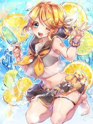 Rule 34 | 1girl, barefoot, blonde hair, bow, commentary, crop top, food, fruit, full body, hair bow, hair ornament, hairclip, hands up, holding, holding food, kagamine rin, legs up, lemon, looking at viewer, midriff, nail polish, navel, neckerchief, one eye closed, open mouth, popsicle, sailor collar, sapphire (ema-n), scrunchie, see-through, short hair, smile, solo, splashing, swept bangs, swimsuit, thigh strap, vocaloid, w, white bow, wrist scrunchie, yellow nails