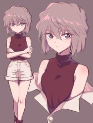 Rule 34 | 1girl, bare shoulders, breasts, brown background, brown hair, closed mouth, commentary request, crossed arms, crossed legs, feet out of frame, haibara ai, hair between eyes, highres, looking at viewer, meitantei conan, misumi (71 fq), multiple views, shirt, short hair, shorts, simple background, sleeveless, sleeveless shirt, small breasts, standing, watson cross, white shorts