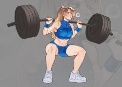 Rule 34 | 1girl, abs, barbell, bare shoulders, blonde hair, blue eyes, blue wristband, breasts, commentary, cross-laced footwear, exercising, full body, hair intakes, high ponytail, highres, large breasts, long hair, metroid, midriff, muscular, muscular female, nintendo, pajaronaa, puff of air, samus aran, shoes, solo, squatting, weightlifting, weights, white footwear, zoom layer