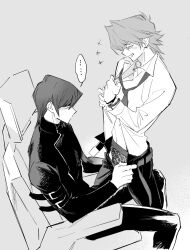 Rule 34 | ..., 2boys, alternate costume, animal print, arm strap, belt, bracelet, chair, collared shirt, commentary, dress shirt, english commentary, greyscale, grin, half-closed eyes, hands up, highres, inkerpape, jewelry, jonouchi katsuya, kaiba seto, leg between thighs, leopard print, long sleeves, looking at another, looking down, loose necktie, male focus, male underwear, monochrome, multiple boys, necklace, necktie, no mouth, open fly, shirt, short hair, sitting, sketch, smile, turtleneck, turtleneck shirt, underwear, undressing, upper body, yaoi, yu-gi-oh!, yu-gi-oh! duel monsters