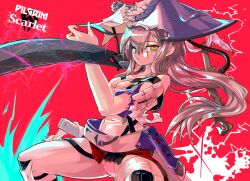 Rule 34 | absurdres, armor, breasts, character name, cleavage, goddess of victory: nikke, grey hair, hat, highres, holding, holding weapon, inugressive, japanese armor, jingasa, large hat, leotard, lightning, logo, long hair, medium breasts, one eye closed, scarlet (nikke), sheath, shoulder armor, sode, squatting, sword, weapon, white leotard, yellow eyes