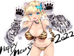 Rule 34 | 1girl, 2022, alternate hairstyle, animal ears, animal hands, animal print, bare shoulders, bikini, blonde hair, blue eyes, boku wa tomodachi ga sukunai, breasts, butterfly hair ornament, cait aron, chinese zodiac, commentary, cowboy shot, english commentary, fangs, front-tie bikini top, front-tie top, fur-trimmed sleeves, fur trim, gloves, gluteal fold, hair ornament, happy new year, kashiwazaki sena, large breasts, leaning forward, looking at viewer, navel, new year, open mouth, paw gloves, pom pom (clothes), side-tie bikini bottom, simple background, smile, solo, strap gap, string bikini, swimsuit, tail, thighs, tiger ears, tiger print, tiger stripes, tiger tail, underboob, white background, year of the tiger